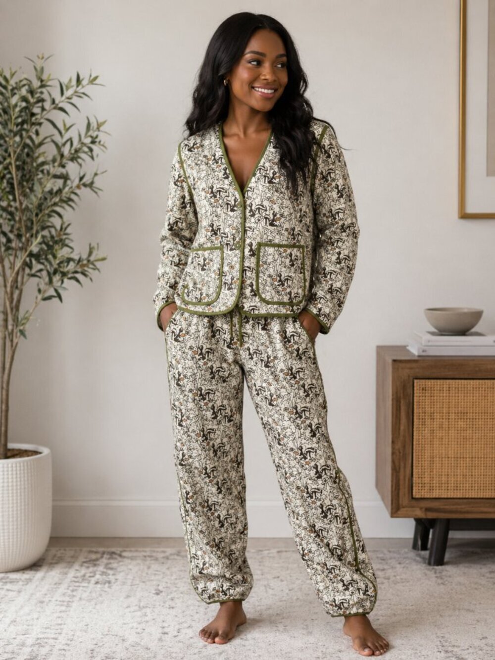 Disney Allover Bambi Thumper Quilted Green 2-Piece Jacket Pants Set Medium